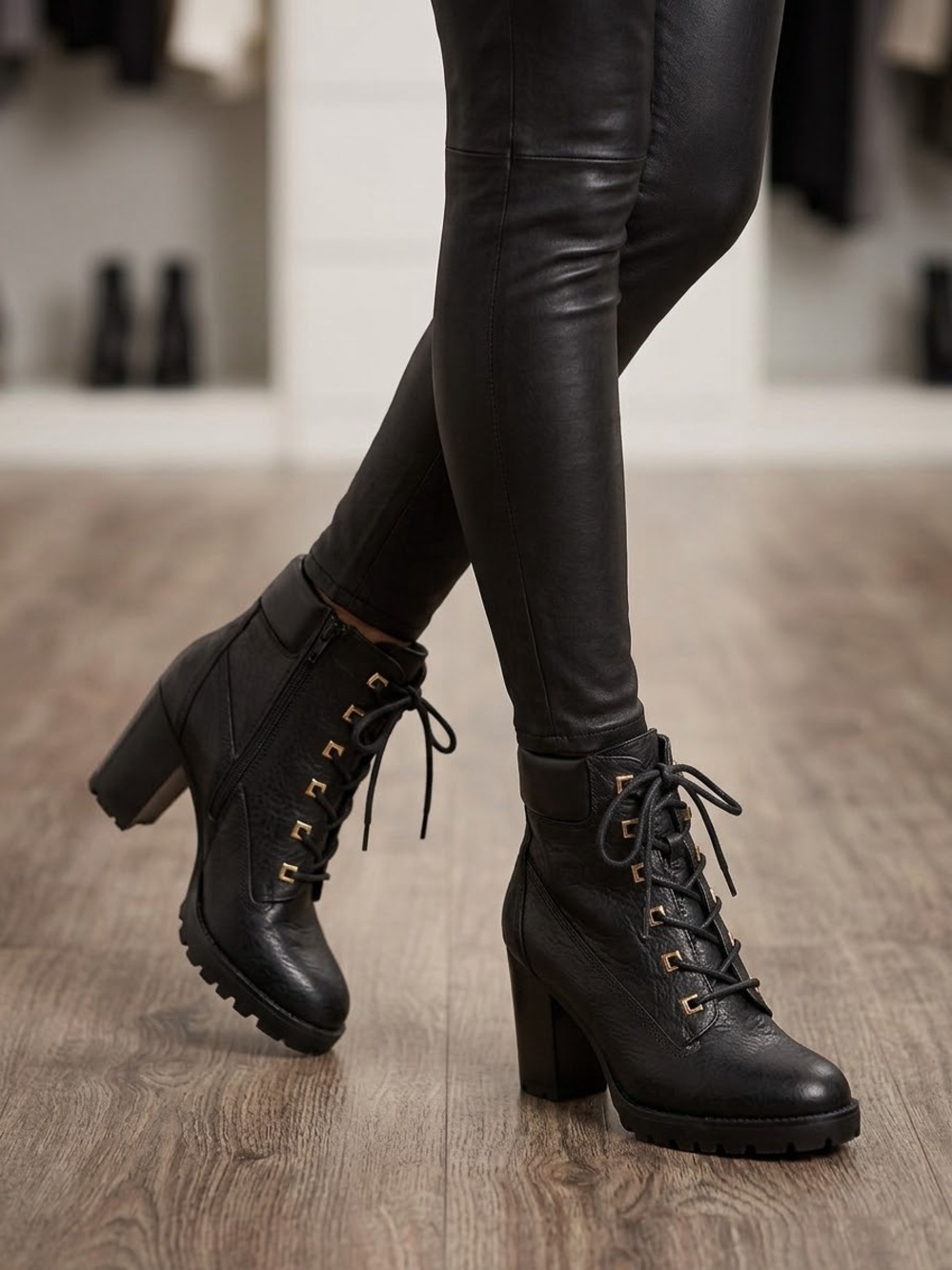 Zigi Soho Black Lace-Up Block Heel Ankle Boots with Gold Eyelets